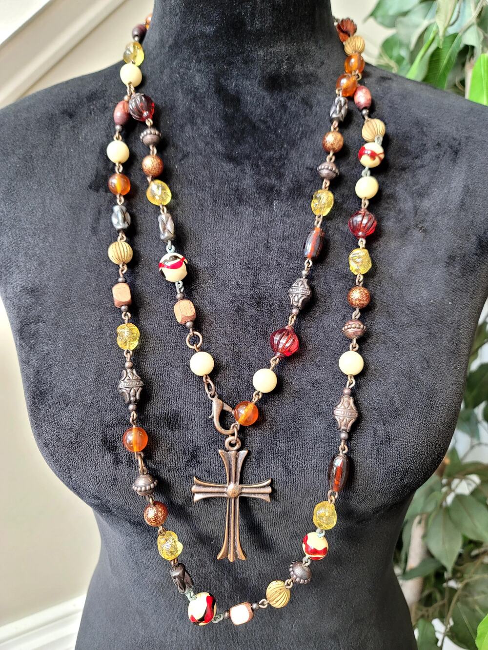 Women's Vintage Cross Pendant Beaded Necklace Long Multicolor Boho Statement